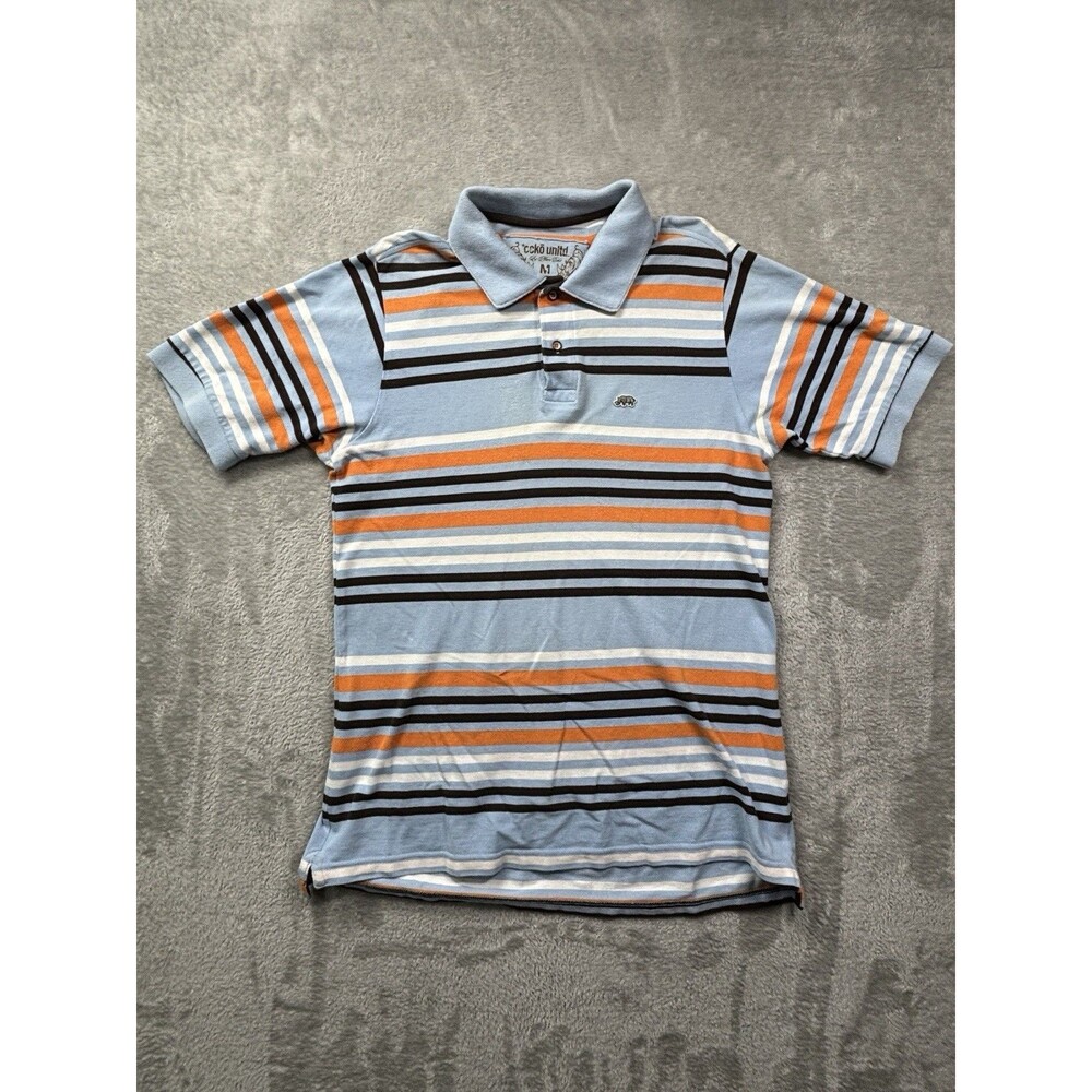 Ecko Unltd Men’s Medium Striped Polo Shirt Blue Orange Brown Cotton